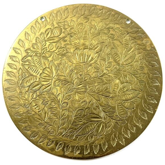 Vintage Hand Engraved Brass Floral Wall Plate 4.75”Round Decorative Trivet India - Picture 1 of 3
